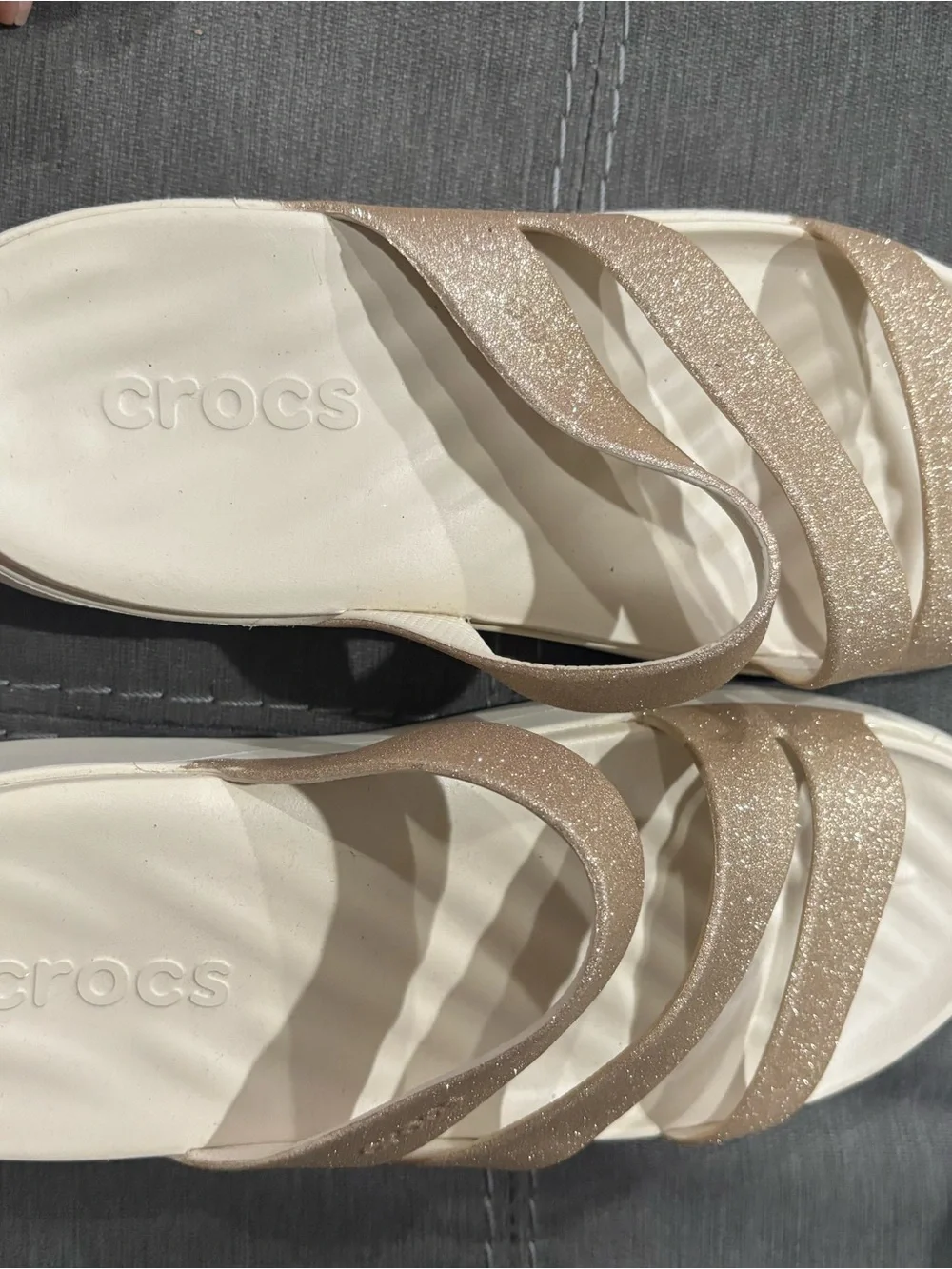 CROCS Women’s Glitter Strappy Slide Sandals in Champagne Gold